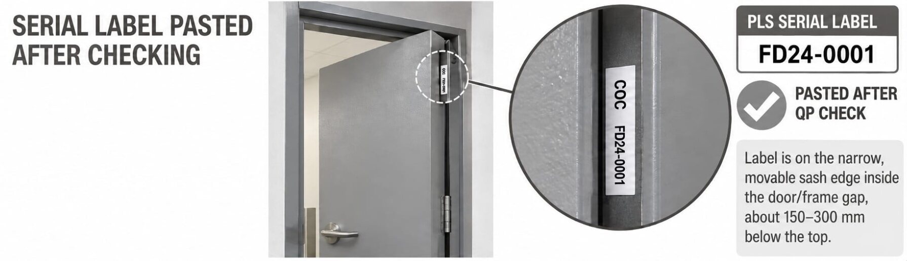 COC serial label pasted after checking: PLS serial label on the narrow movable sash edge inside the door and frame gap, about 150 to 300 mm below the top